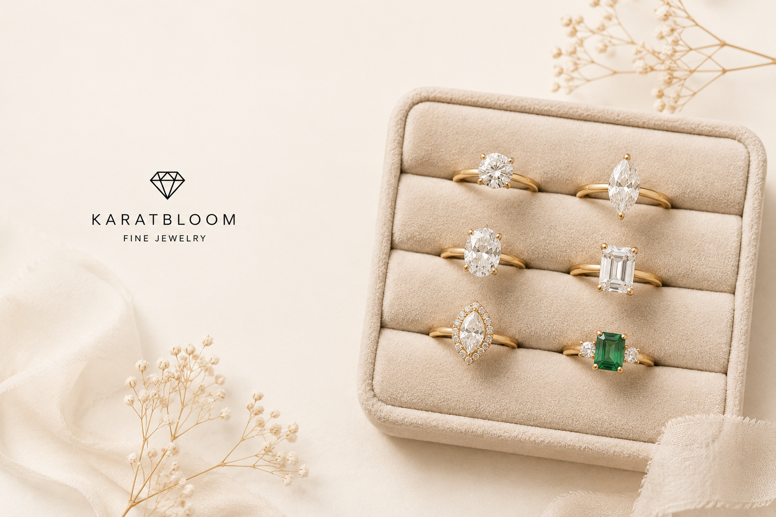 Diamond ring style guide featuring KaratBloom gold rings in round, oval, pear, emerald, marquise, and green gemstone designs