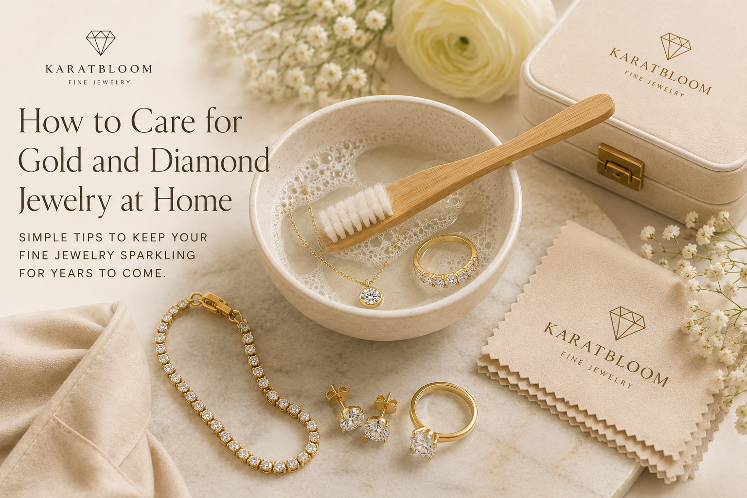 Gold and diamond jewelry care setup with KaratBloom polishing cloth, soft brush, soapy water bowl, rings, earrings, bracelet, and jewelry box