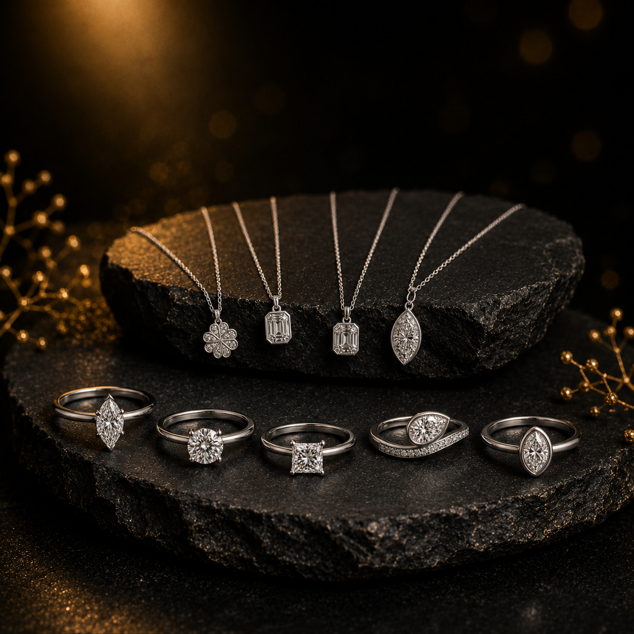 Elegant diamond jewelry display featuring delicate solitaire pendants and rings arranged on a dark stone pedestal with warm golden lighting.