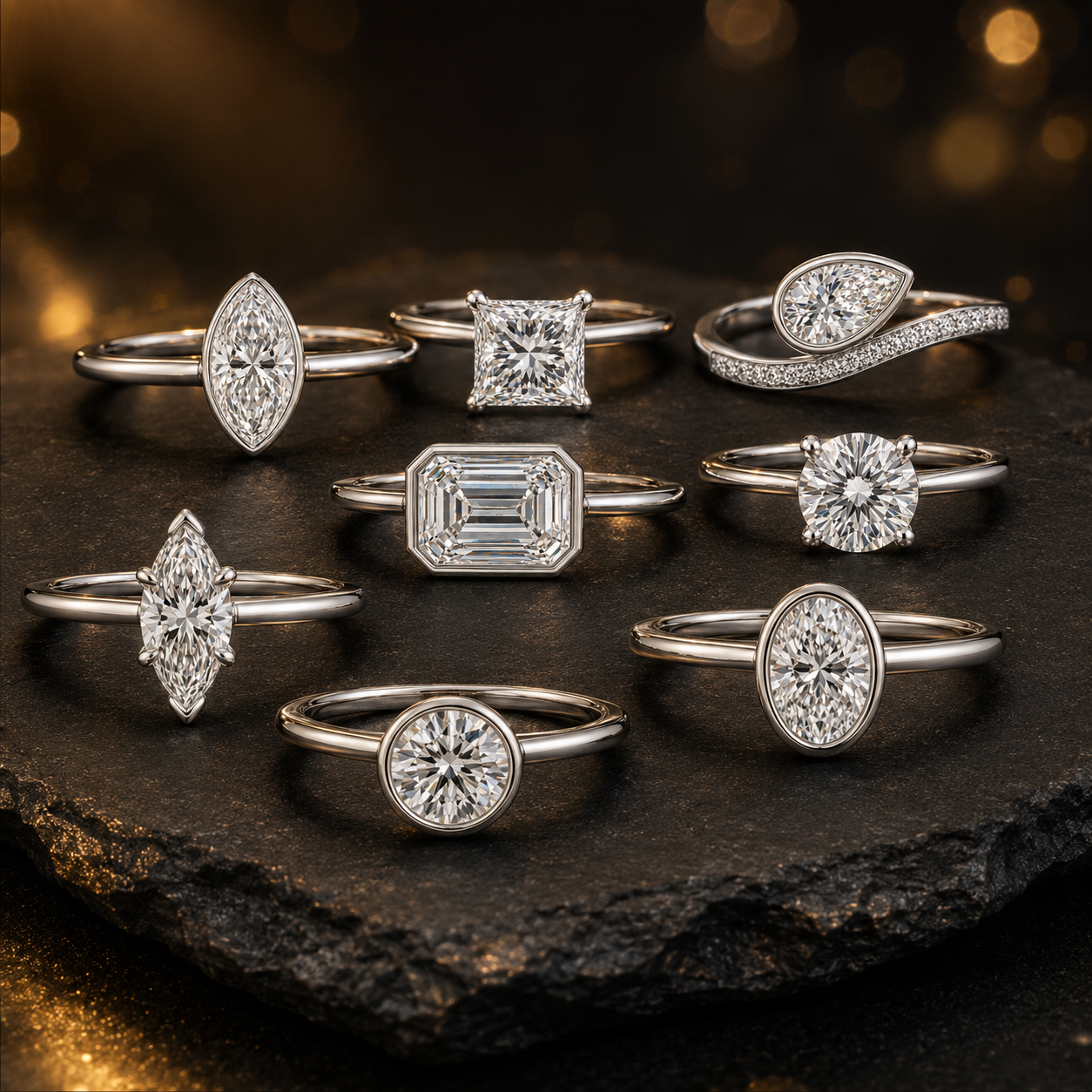 Diamond rings under $1,500 displayed in a luxurious editorial setting