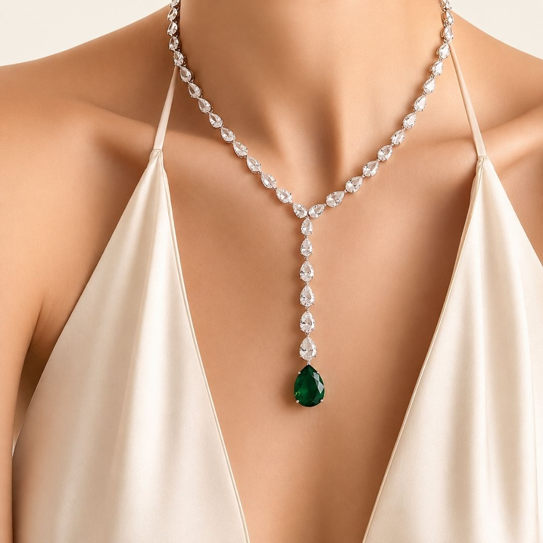 The Amara Pear Drop Necklace — model close-up