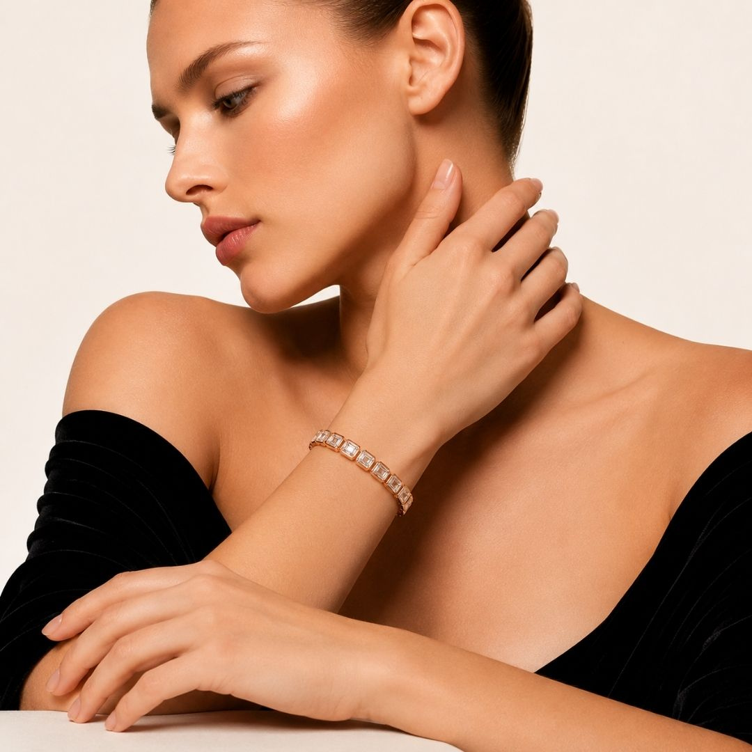 The Bloom Radiance Tennis Bracelet — model close-up