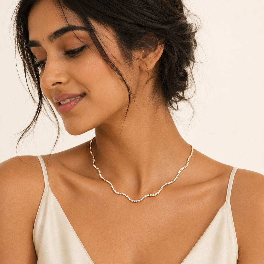 The Bloom Wave Diamond Necklace — model close-up