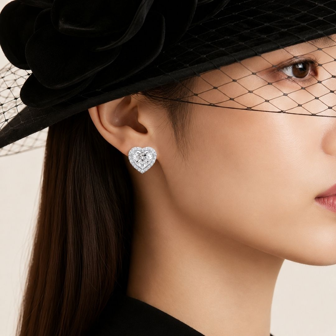 The Blooming Heart Diamond Studs — model view