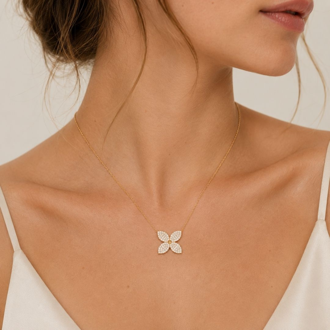 The Diamond Bloom Flower Pendant — model view