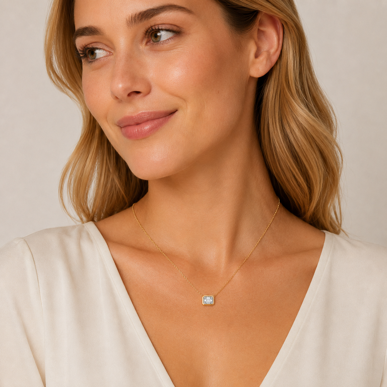 East-West Emerald Bezel Solitaire Diamond Necklace