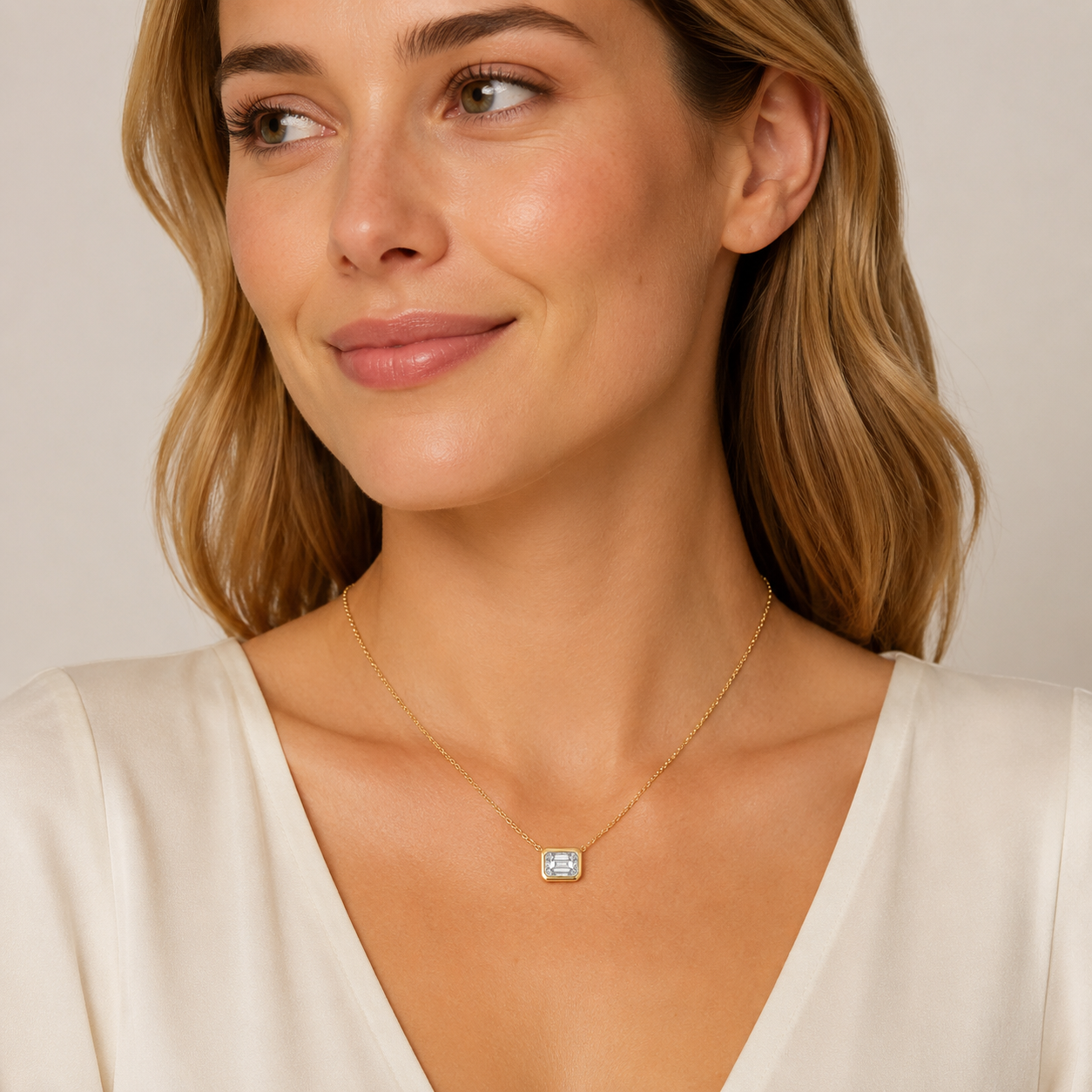 East-West Emerald Bezel Solitaire Diamond Necklace