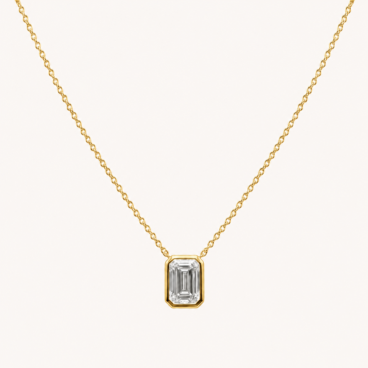 Emerald Bezel Solitaire Diamond Necklace in Yellow Gold