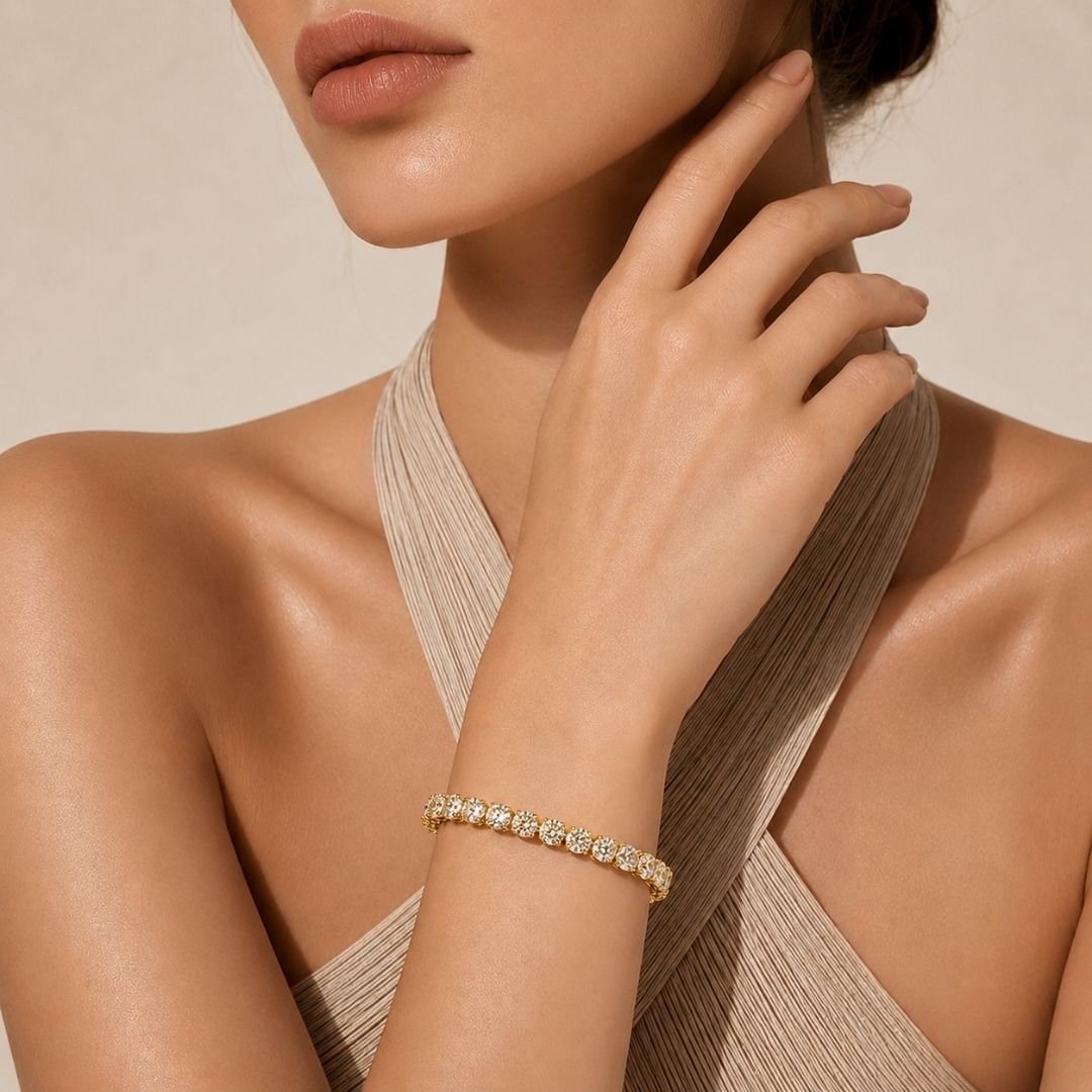 The Infinite Glow Tennis Bracelet — model close-up