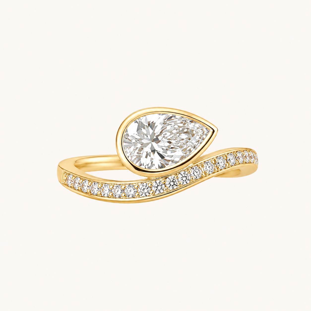 Pear Bezel Pave Band Solitaire Ring in Yellow Gold