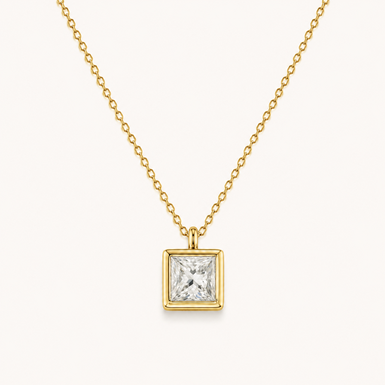 Princess Cut Bezel Solitaire Diamond Necklace in Yellow Gold