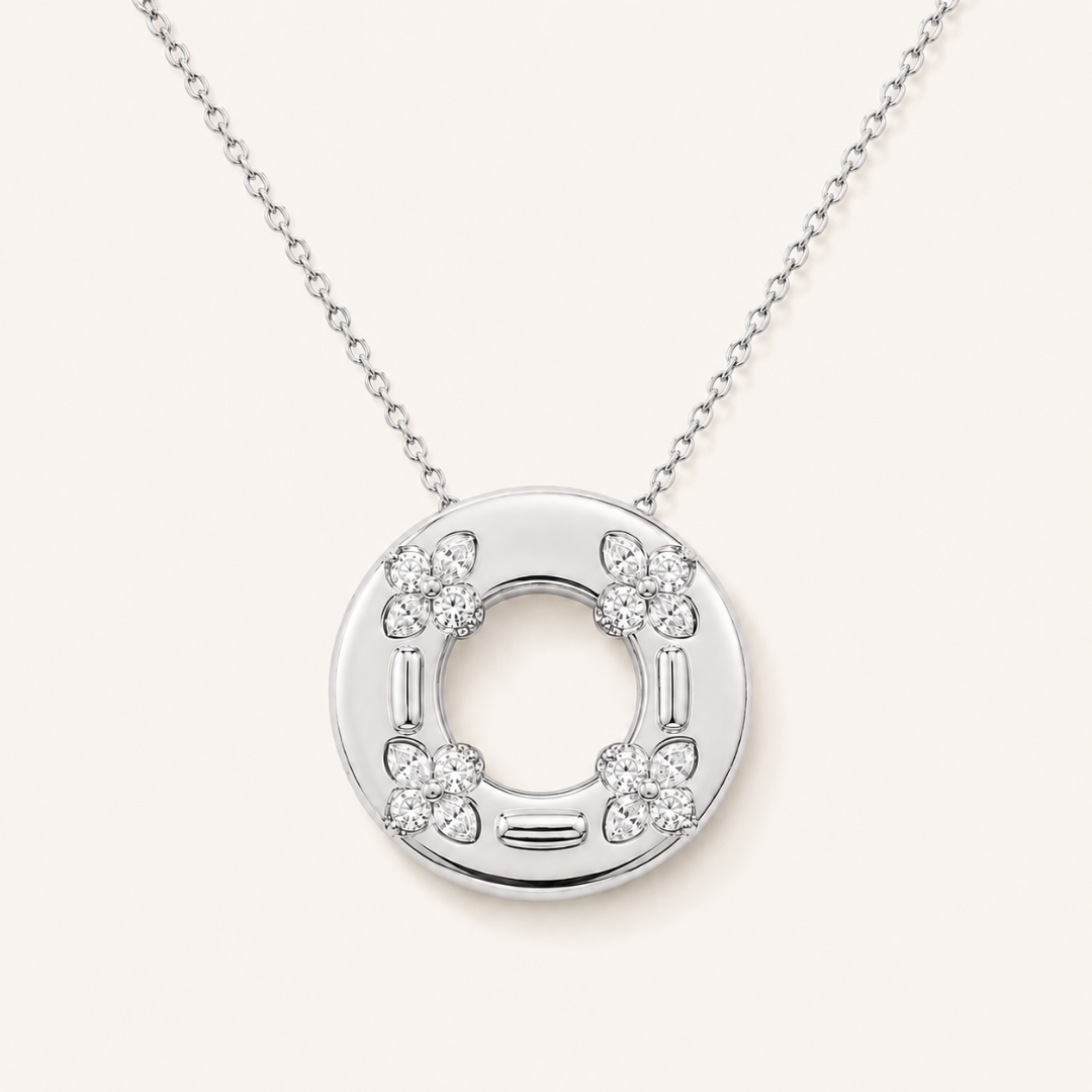 Vintage Flora Charm Necklace in White Gold